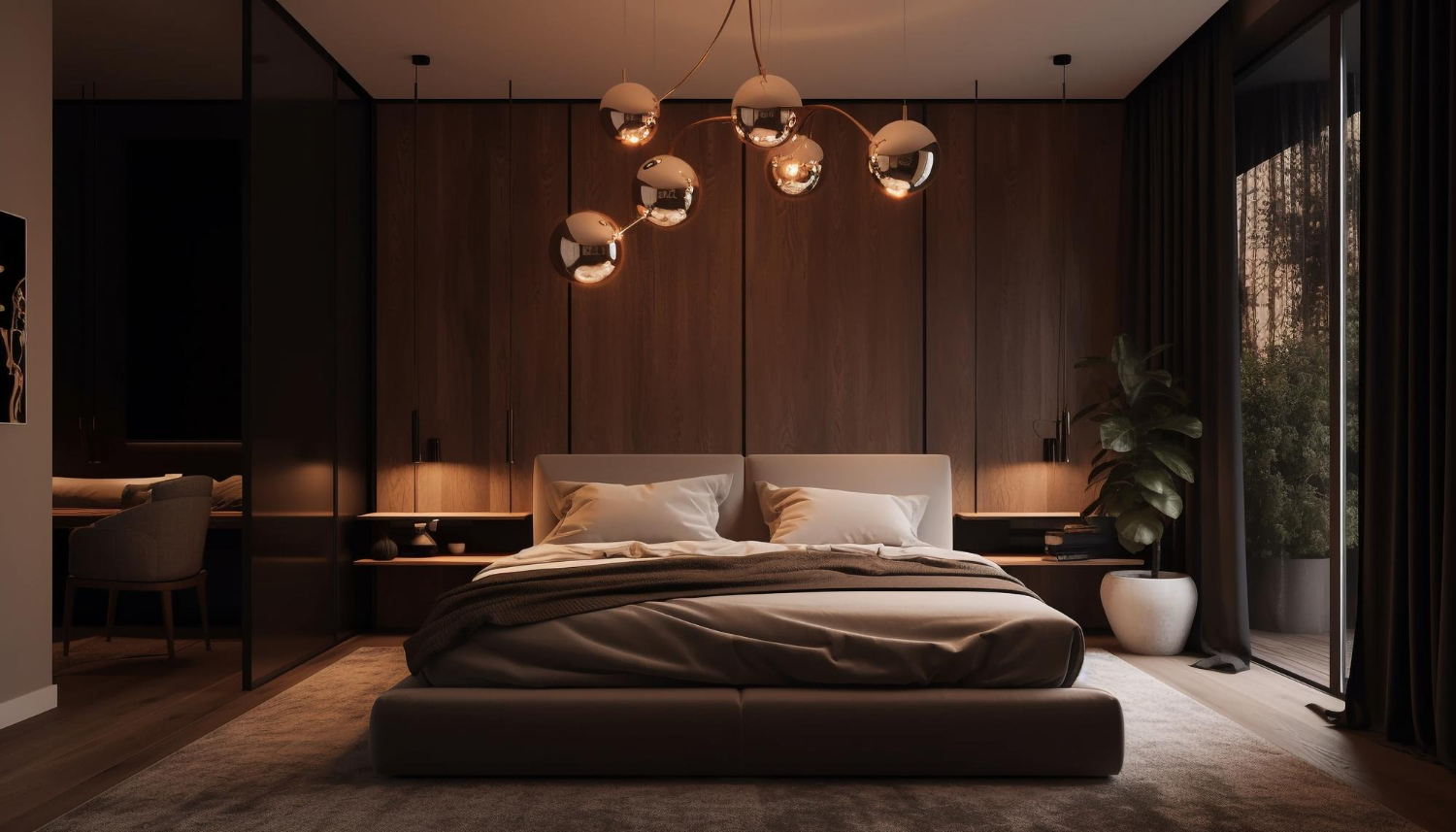 tmavá luxusná spálňa s dreveným obkladom