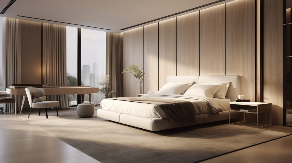 Luxusná, minimalistická, japandi spálňa s dominantným dreveným obkladom. 