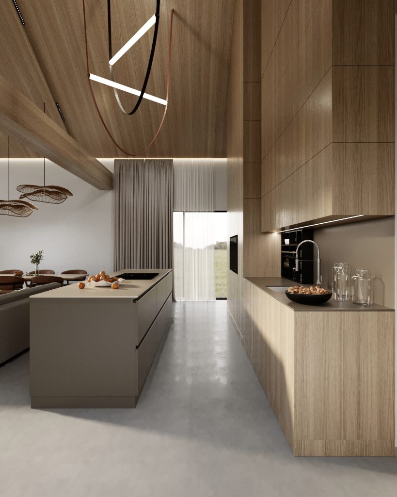 luxusná kuchyňa s vysokým stropom a sv
 luxusný interiér a vysoký stropetlami VIBIA